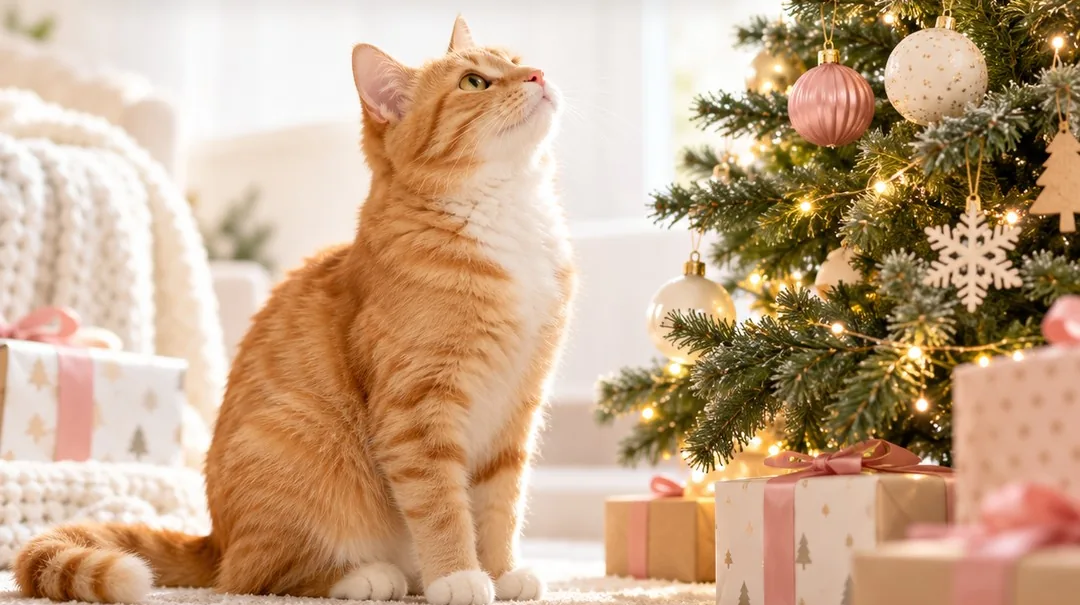 Ginger cat looking up at a decorated Christmas tree with wrapped presents, cat Christmas gifts for cat lovers