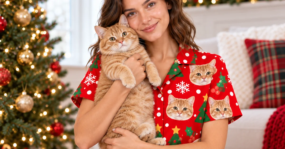 Woman kneeling by a Christmas tree in a red pajama set printed with her ginger cat's face, holding the cat