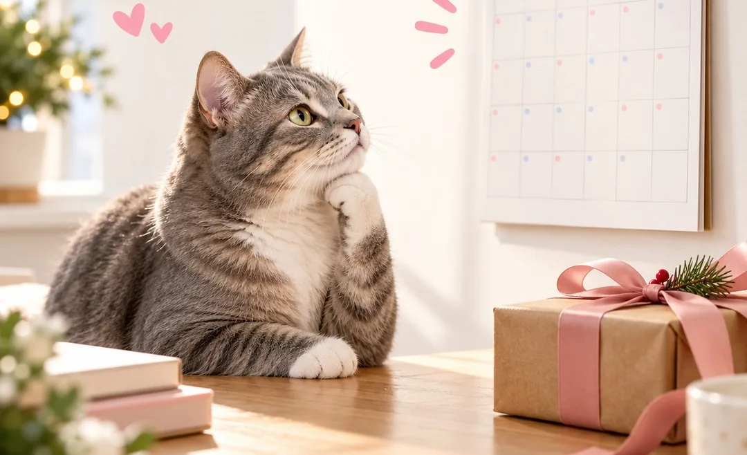 Gray tabby cat gazing up at a wall calendar beside a wrapped gift, order cat Christmas gifts early