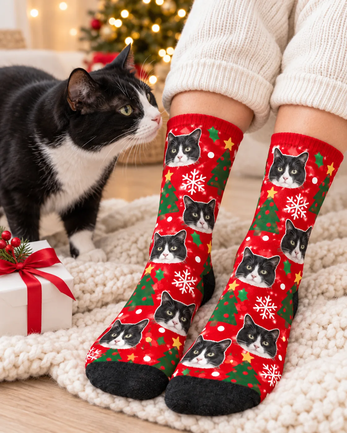 Tuxedo cat sniffing red Christmas socks printed with its own face, trees and snowflakes, a gift box beside