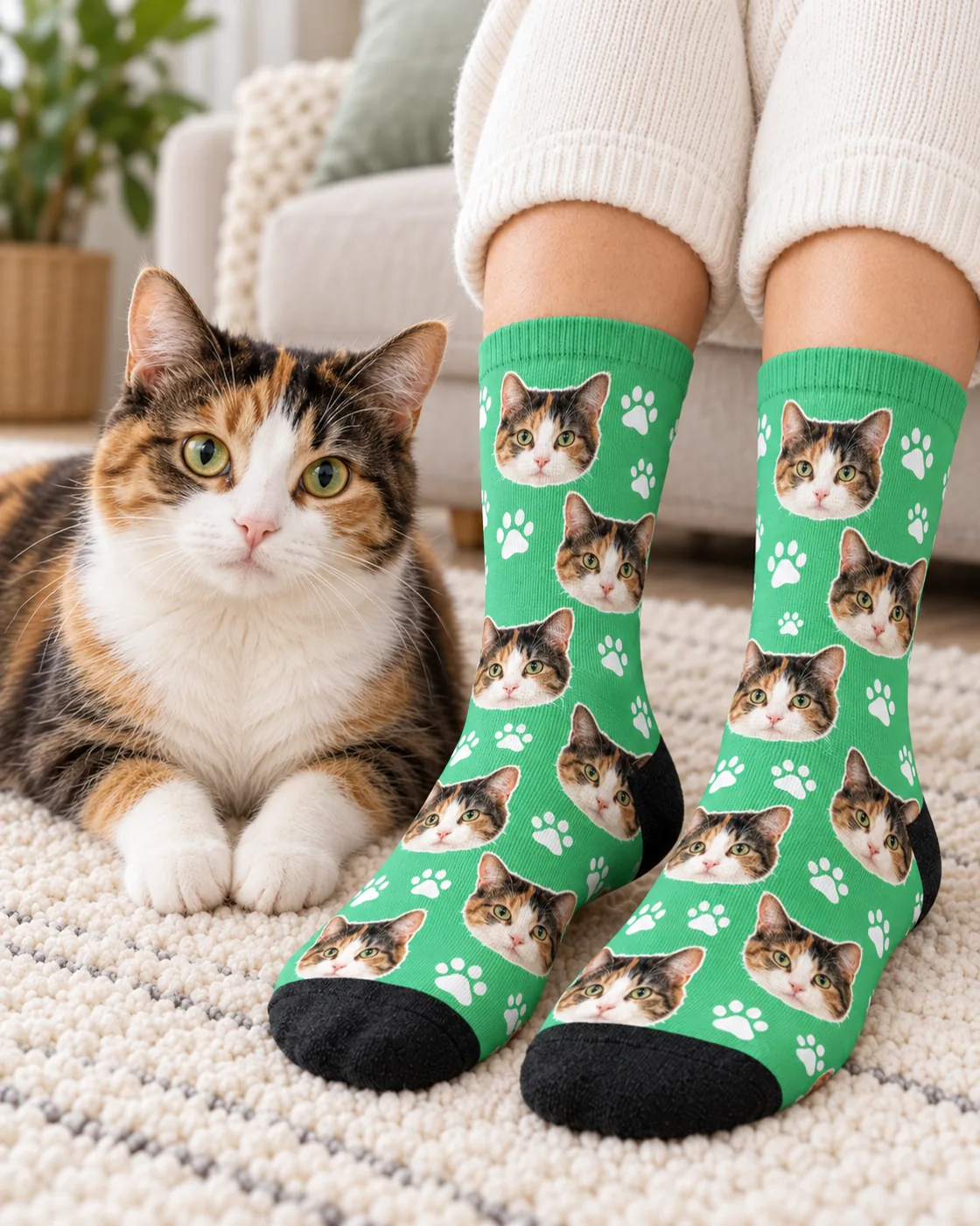 Calico cat lying on a rug beside feet in green socks printed with its own face and paw prints