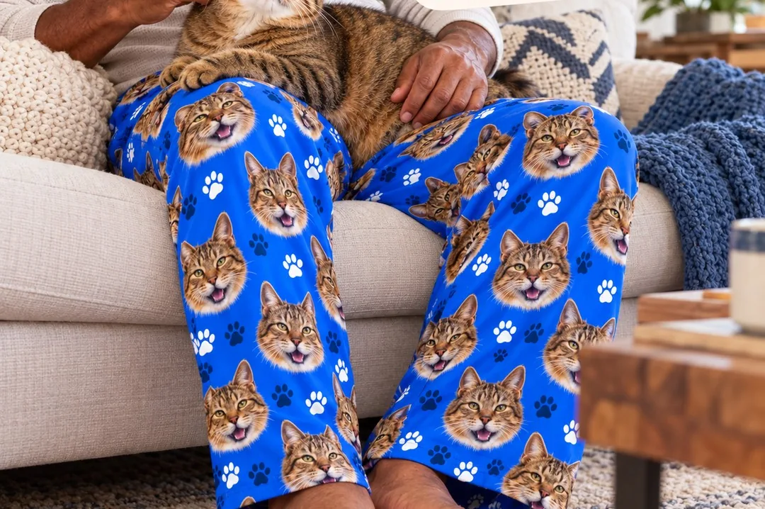 Cat dad on a sofa in blue pajama pants printed with his cat's face and paw prints, the cat on his lap