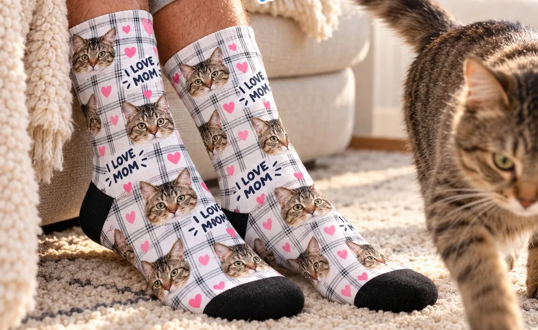 Tabby cat walking past feet in socks printed with cat faces and the words I Love Mom, a cat gift for any occasion