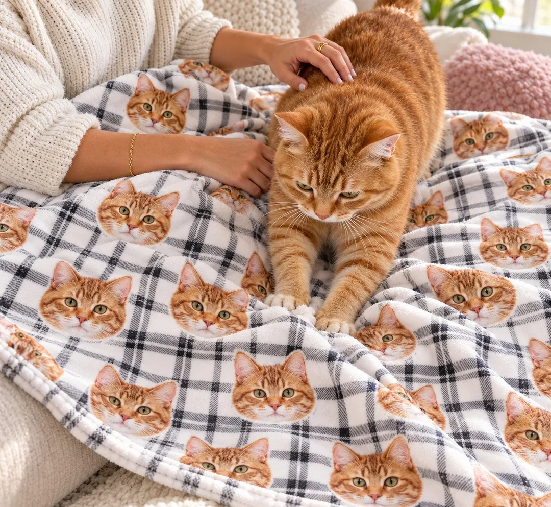 Orange cat stepping across a plaid blanket printed with cat faces, a photo blanket gift for cat lovers