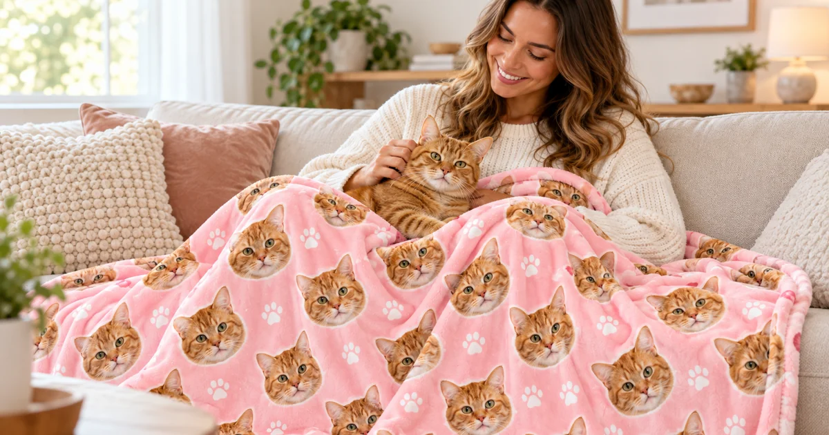 Woman on a sofa under a pink photo blanket printed with her orange tabby cat's face, the cat on her lap
