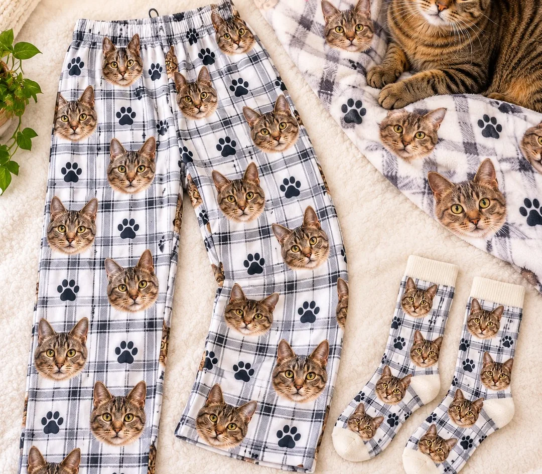 Plaid pajama pants, a photo blanket and socks printed with a tabby cat's face, cat gifts for cat lovers