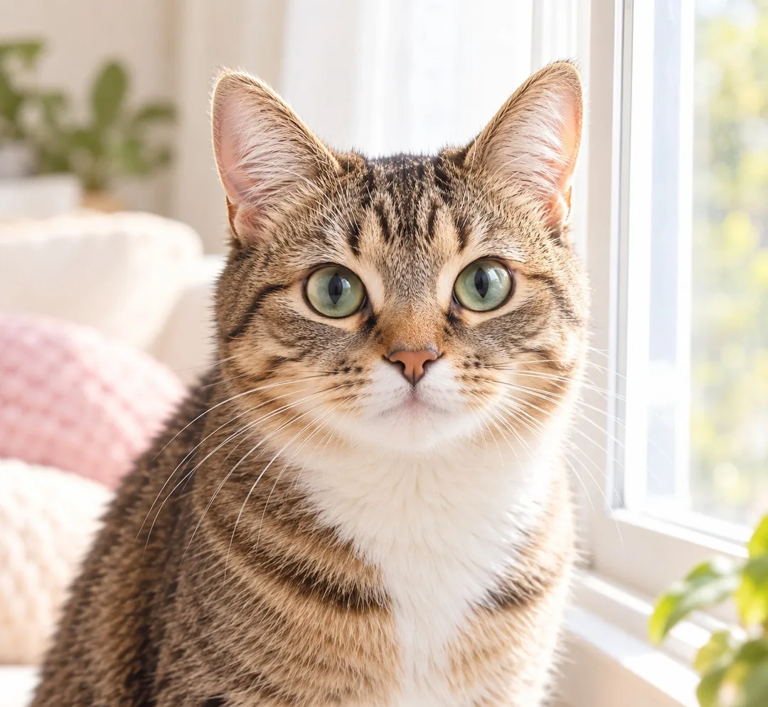 Tabby cat sitting by a sunny window in soft daylight, a clear photo for cat gifts for cat lovers