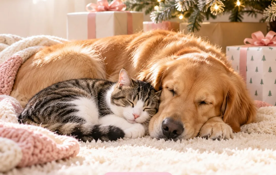 Golden retriever and a tabby cat asleep side by side on a rug by presents, a cat and dog person home