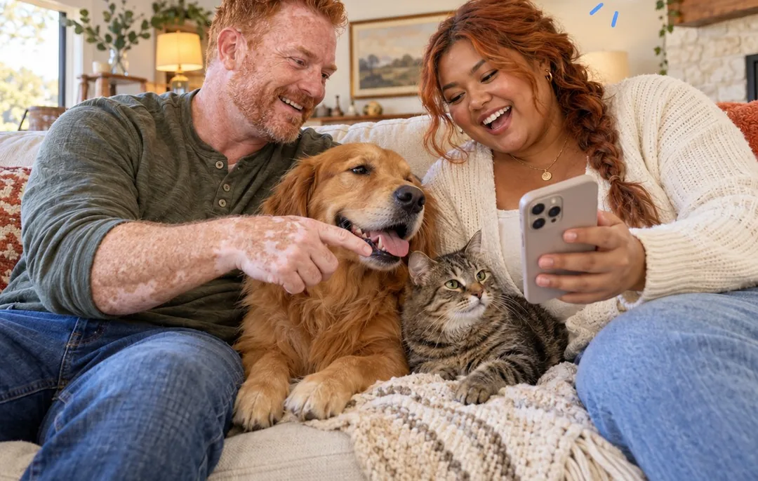 Couple on a sofa with a golden retriever and a gray tabby cat, a home for a cat or dog person
