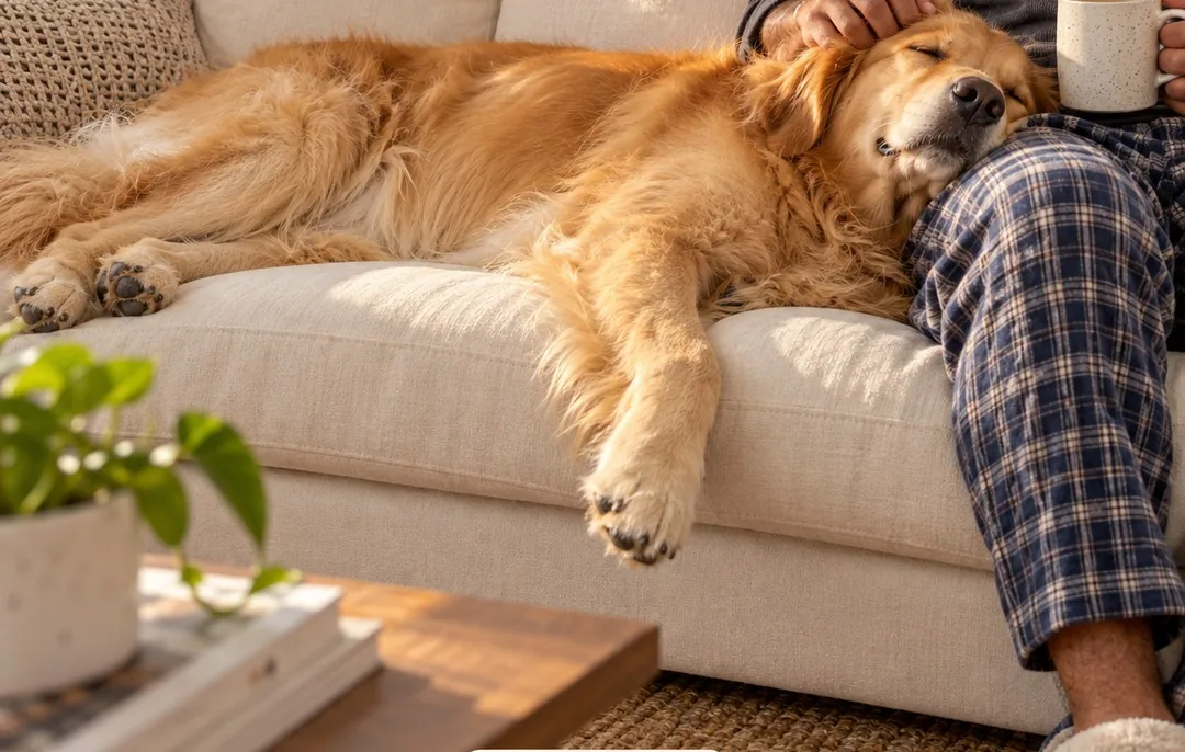 Golden retriever stretched out asleep on a sofa next to a person in plaid pajama pants, a dog person's night in