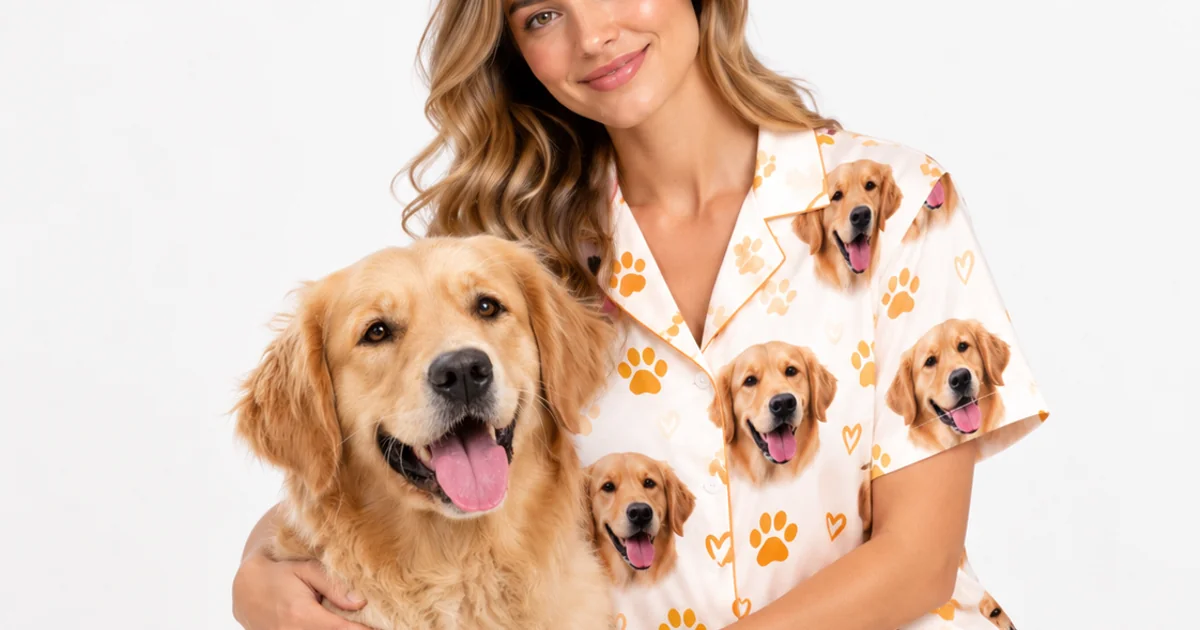 Dog person in a pajama set printed with her golden retriever's face, kneeling with her dog