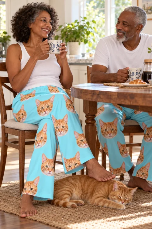 Older couple at a sunny breakfast table in light blue cat pajamas, their tabby asleep at their feet