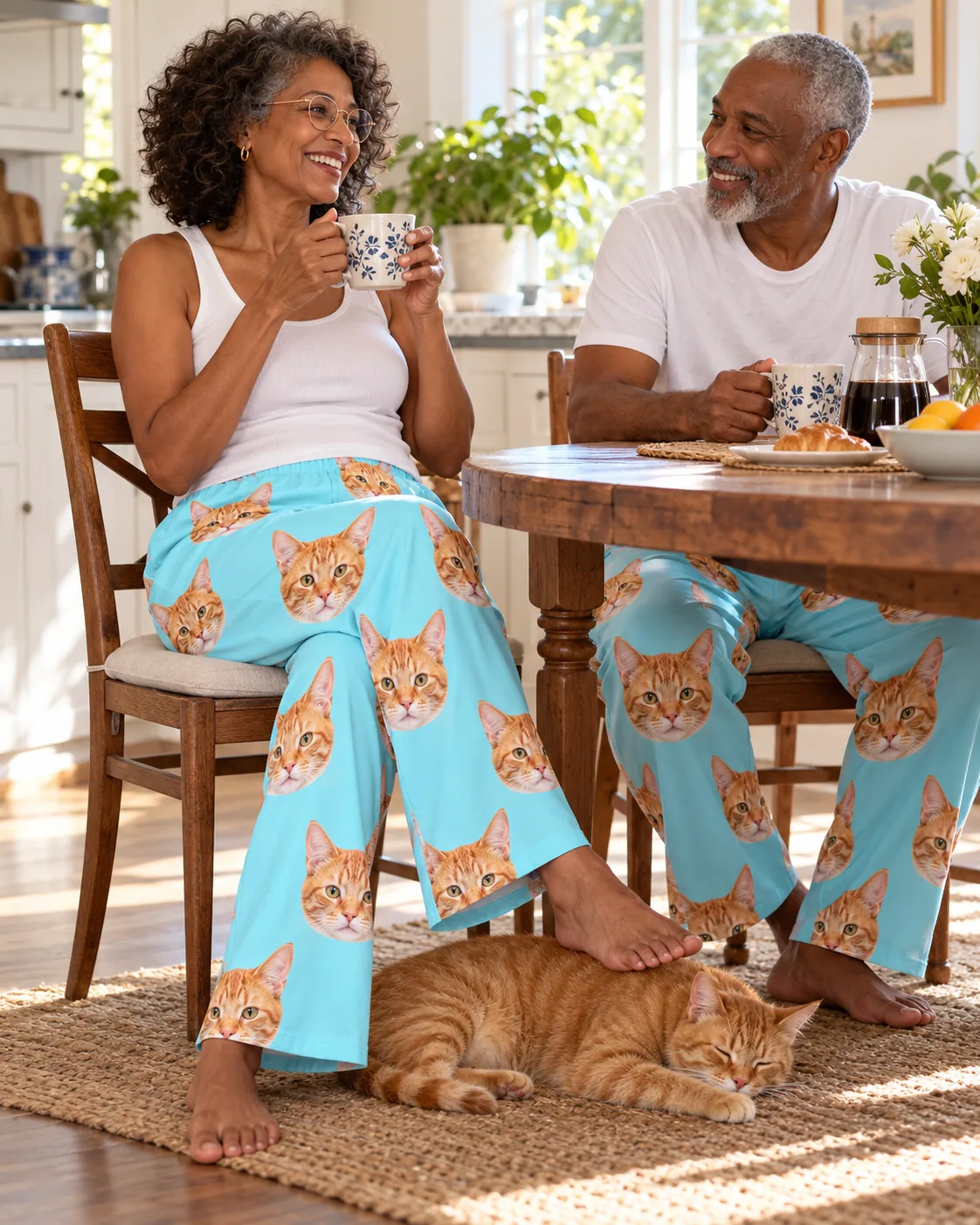 Older couple at a sunny breakfast table in light blue cat pajamas, their tabby asleep at their feet