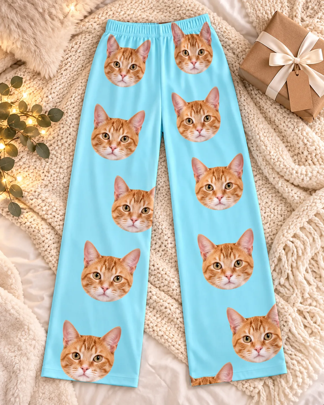 Light blue cat pajama pants with orange tabby faces laid flat on a knit throw beside a gift box