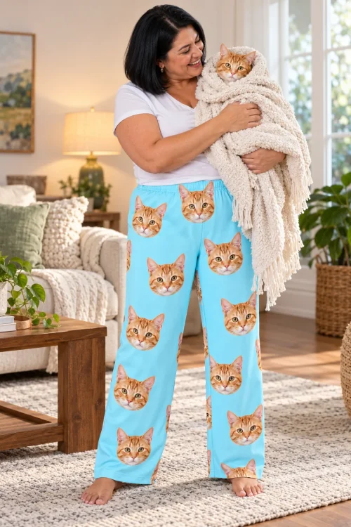 Woman cradling her orange tabby in a knit blanket, wearing light blue cat face pajama pants