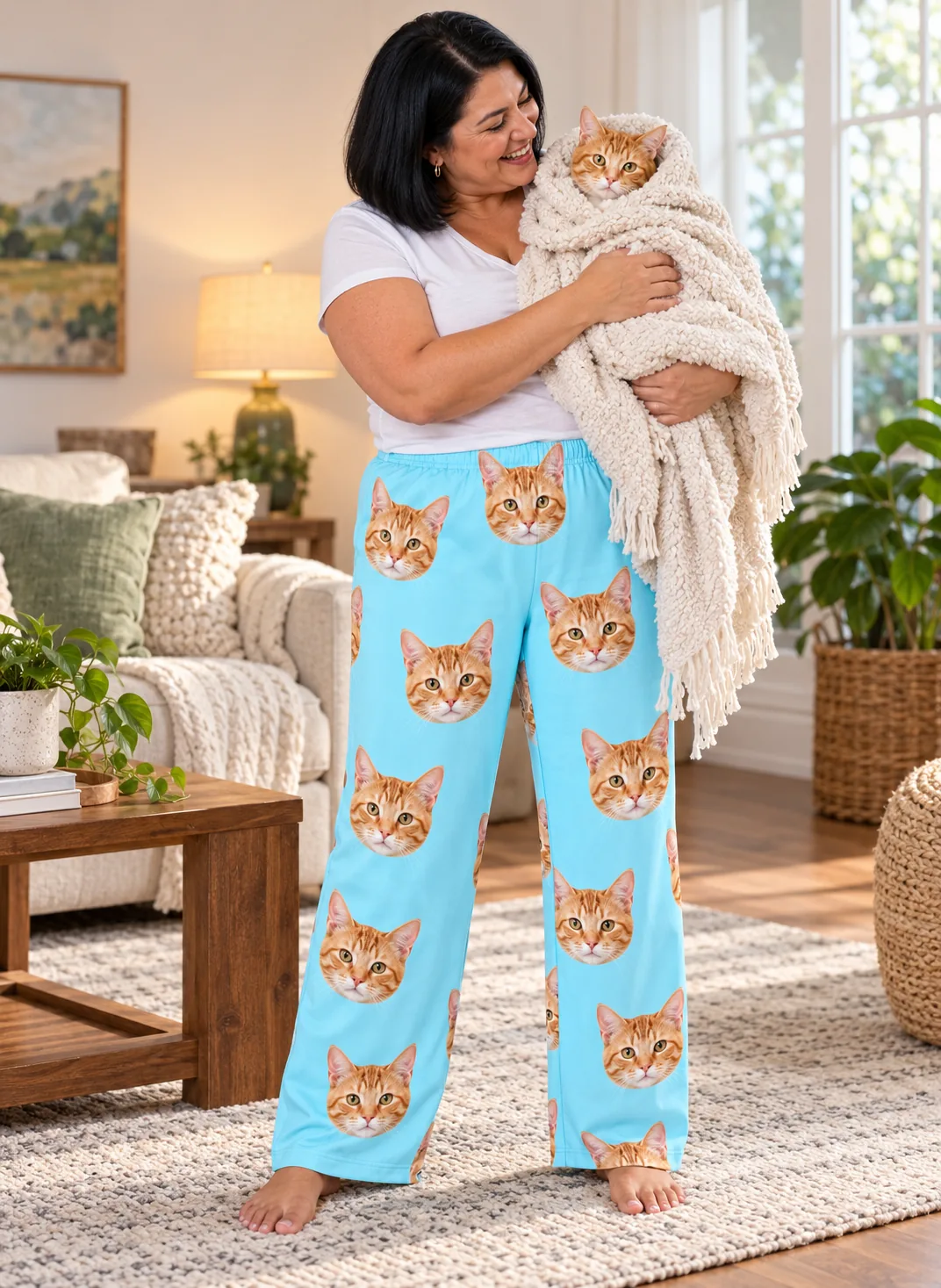 Women's Custom Cat Face Pajama Pants — light blue with pet | GenzOutfit Woman cradling her orange tabby in a knit blanket, wearing light blue cat face pajama pants
