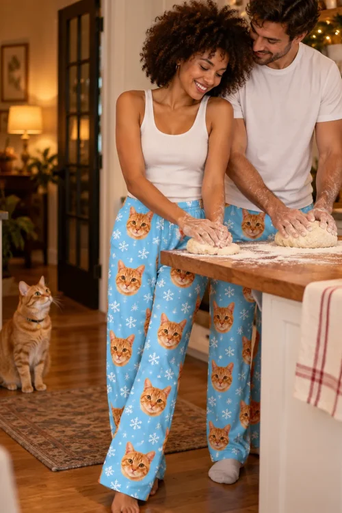 Couple kneading dough in the kitchen in snowflake cat pajamas while their tabby watches
