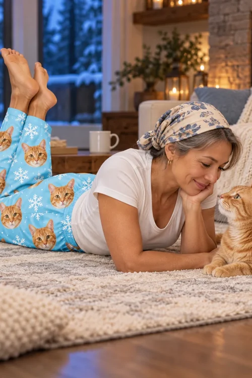 Woman in a headscarf lying on a rug, chin in hand, facing her tabby, in snowflake cat pajamas