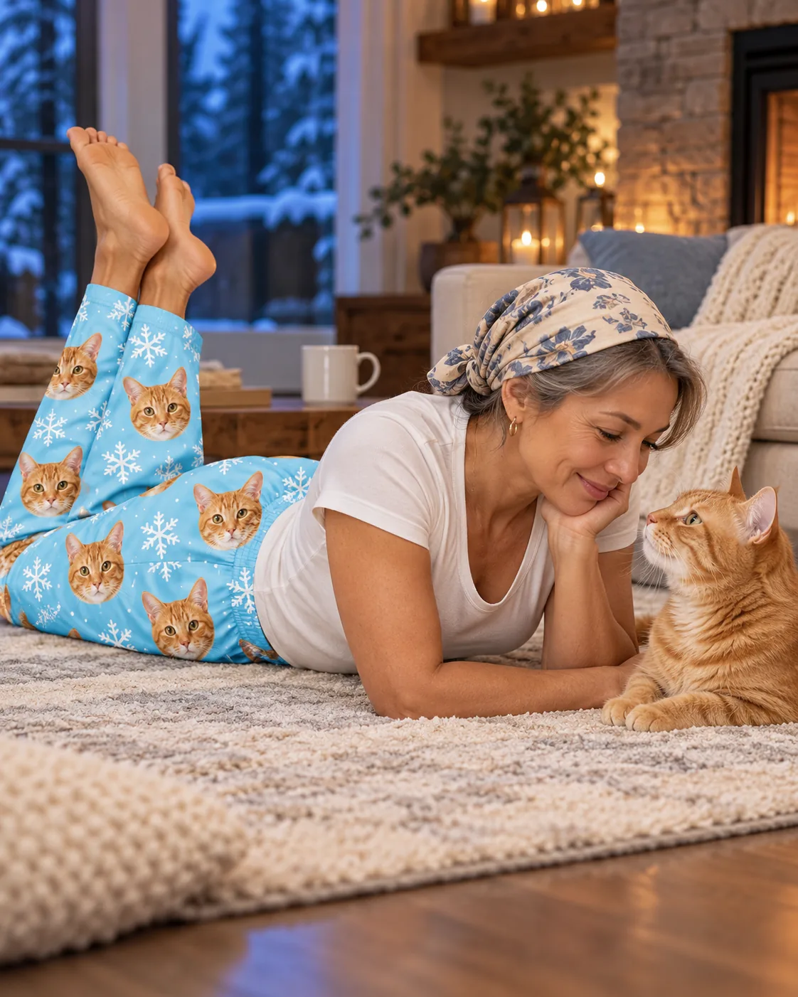 Women's Custom Cat Face Pajama Pants — snowflake with pet | GenzOutfit Woman in a headscarf lying on a rug, chin in hand, facing her tabby, in snowflake cat pajamas