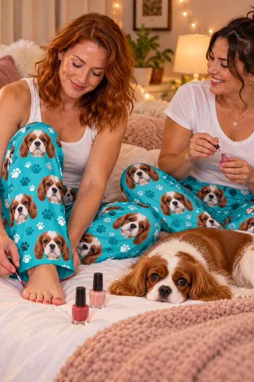 Two friends painting their toenails on a cozy bed with a cavalier resting nearby, both in teal paws pajama pants
