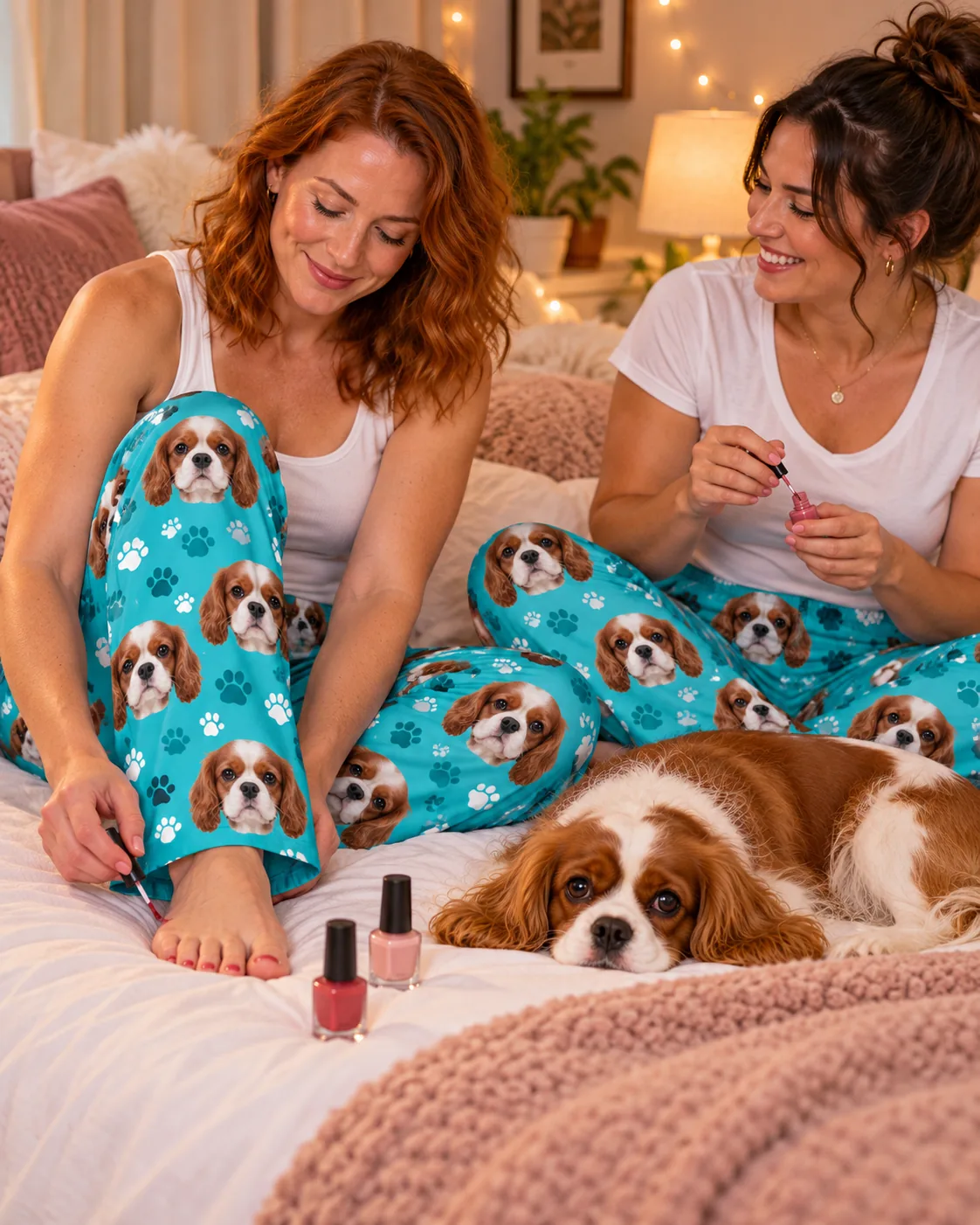 Two friends painting their toenails on a cozy bed with a cavalier resting nearby, both in teal paws pajama pants