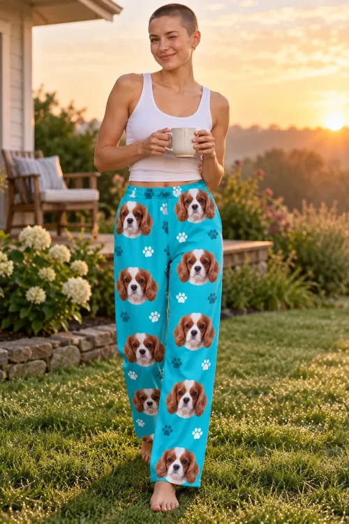 Woman holding a coffee mug on a dewy lawn at sunrise, in teal paws pajama pants printed with cavalier faces