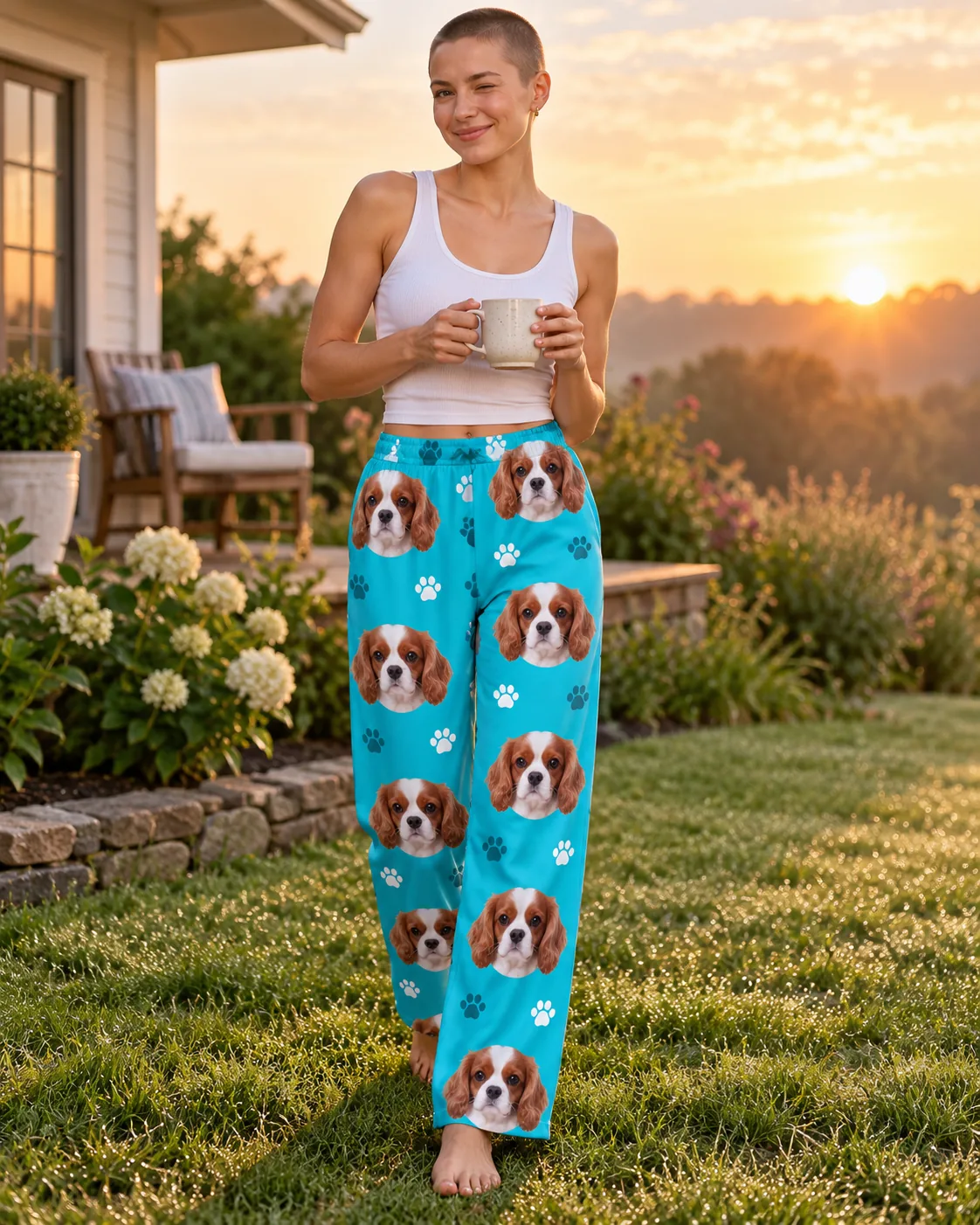 Woman holding a coffee mug on a dewy lawn at sunrise, in teal paws pajama pants printed with cavalier faces