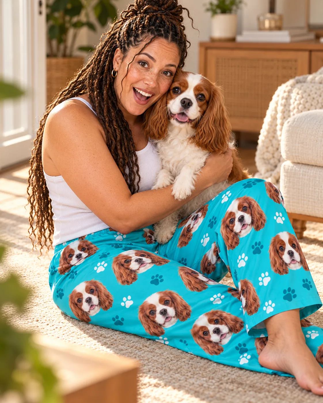 Woman with long twists hugging her Blenheim cavalier on a sunny rug, in teal paws pajama pants
