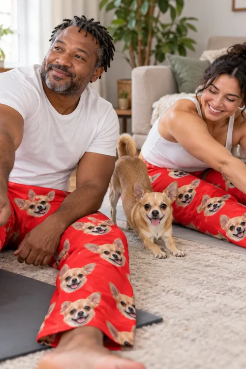 Couple stretching on yoga mats in red chihuahua pajama pants while a chihuahua does a play bow