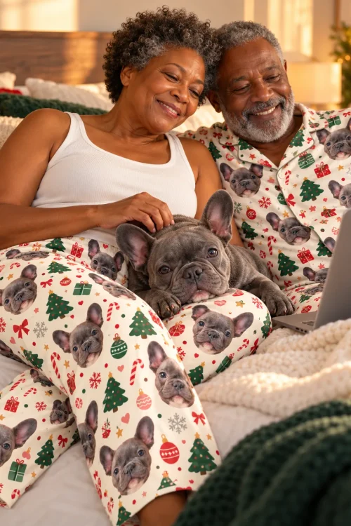 Couple in bed with a French bulldog and a laptop, in cream Christmas pajama bottoms with its face