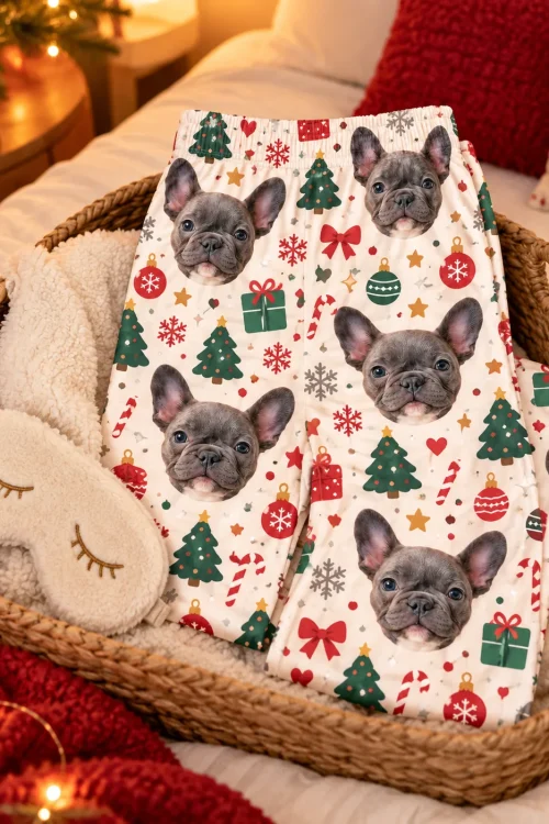 Cream Christmas pajama bottoms with French bulldog faces folded in a basket with a sleep mask