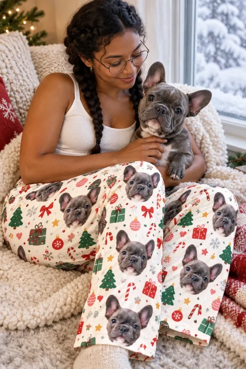 Woman holding a French bulldog by a snowy window in cream Christmas pajama bottoms with its face
