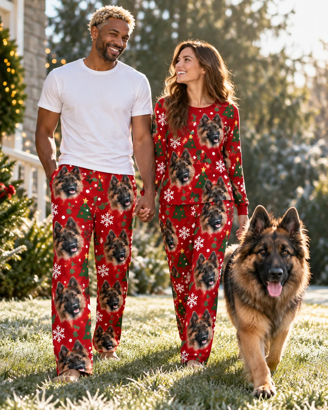 Christmas pajama pants: couple in red Christmas pants with German shepherd faces walking their German shepherd