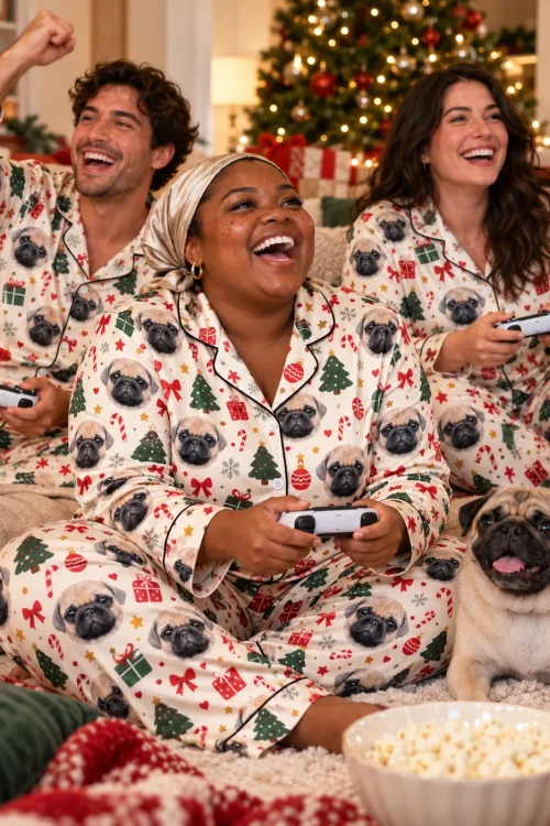 Three friends gaming by the tree in cream christmas pajama sets, their pug on the rug