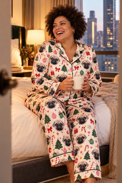 Woman laughing on her bed with a mug in a cream christmas pajama set, city lights outside