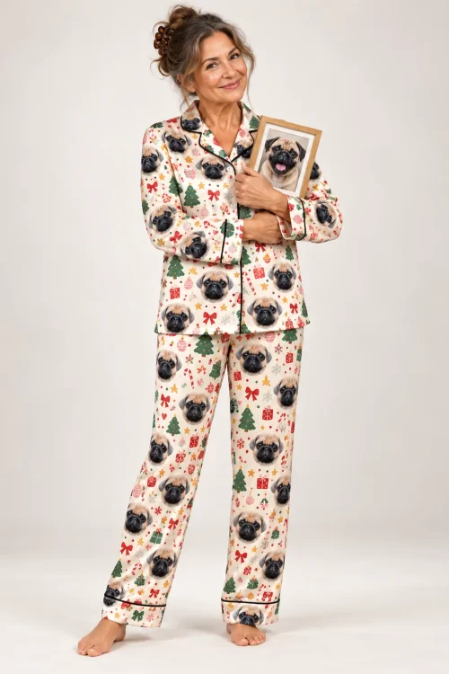 Woman holding a framed pug photo in a cream satin christmas pajama set printed with pug faces
