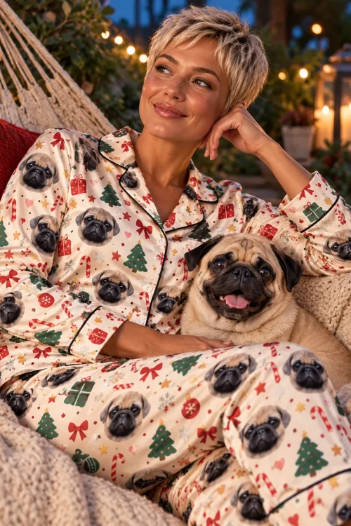 Woman relaxing in a hammock with her pug, wearing a cream christmas pajama set with candy canes