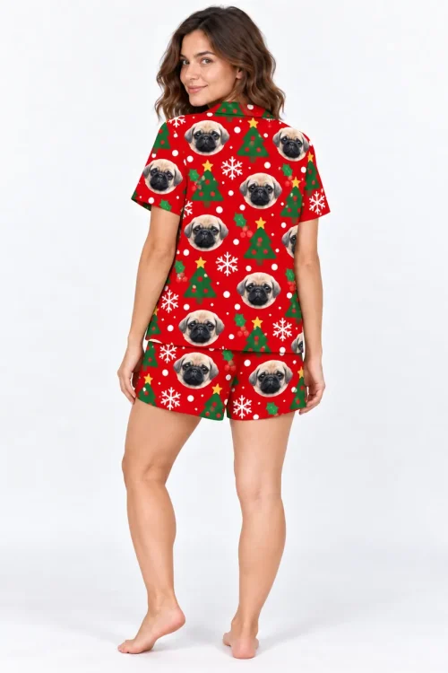 Back view of the red Christmas pajama set with pug faces on shirt and shorts