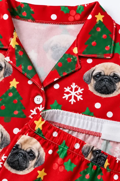Inside of the Christmas pajama set: collar lining and elastic shorts waistband