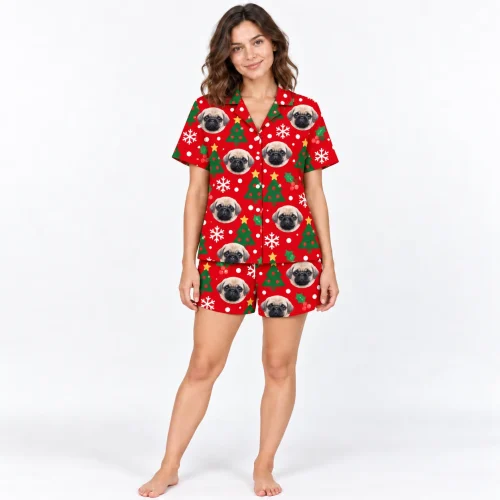 Women's Christmas Pet Face Short Pajama Set