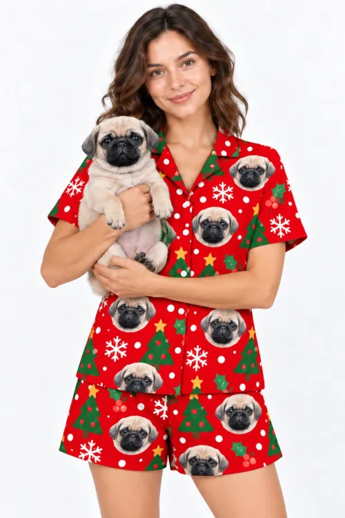 Woman holding her pug in a Christmas pajama set printed with its face