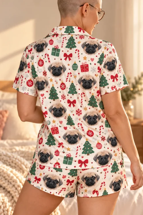 Back view of a woman in a cream christmas pajama set with pug faces, trees and gifts in a bedroom