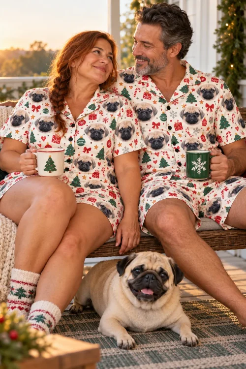 Couple with mugs on a porch swing in cream christmas pajama sets, their pug lying at their feet
