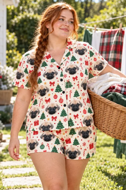Woman with a red braid carrying a laundry basket outdoors in a cream christmas pajama set