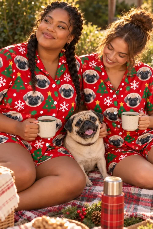 Two friends with mugs and their pug at a holiday picnic in christmas pajama shorts sets