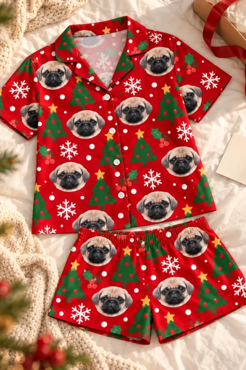 Christmas pajama shorts and shirt with pug faces, trees and snowflakes laid flat on a bed