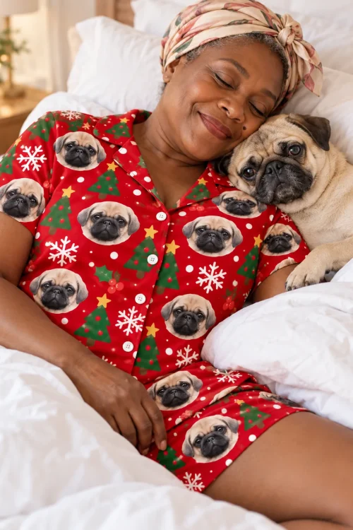 Woman in a headscarf sleeping beside her pug in christmas pajama shorts and a matching shirt