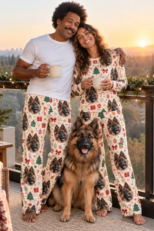 Couple in cream Christmas pajama pants with German Shepherd faces on a sunset balcony with their dog