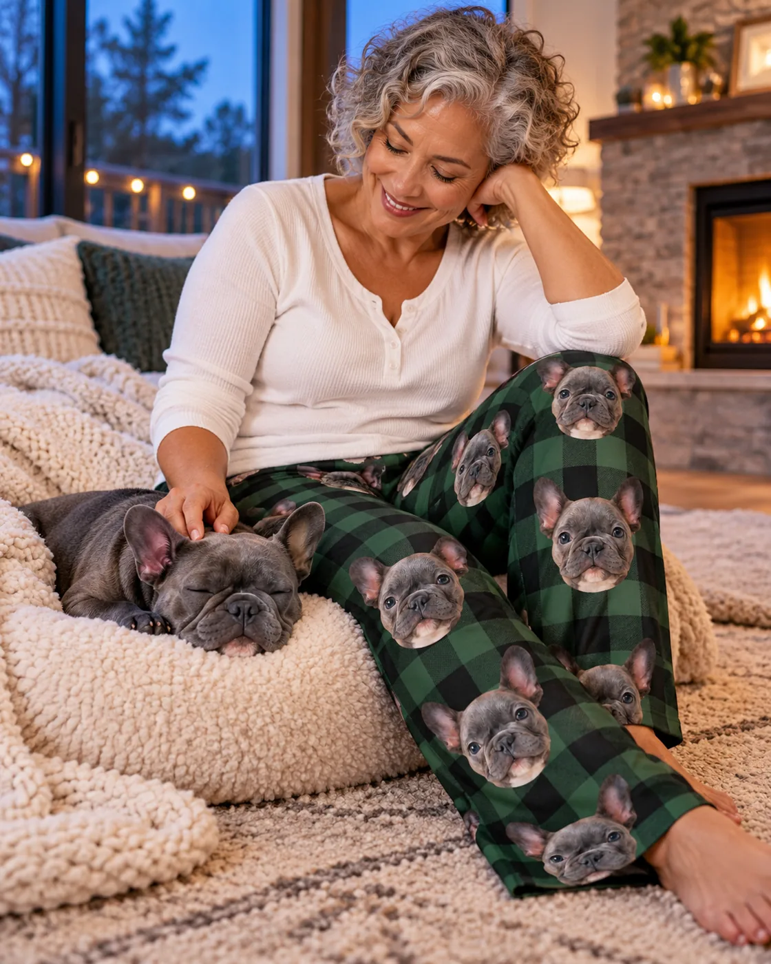 Christmas pajamas with dogs: woman in green plaid pants with French bulldog faces petting her sleeping French bulldog