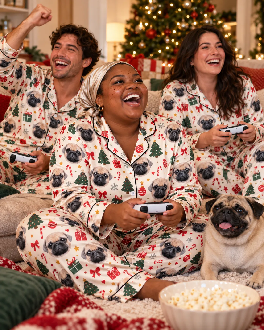 Christmas pajamas: three friends in Christmas Cream satin sets with pug faces play video games with their pug